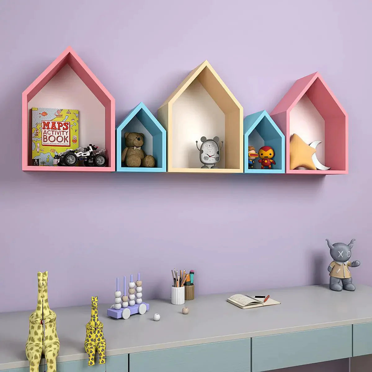 Hut Shape Wooden Wall Storage Shelves for Kids