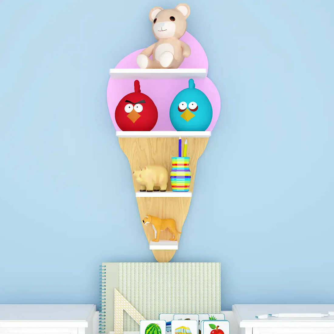 Ice-Cream Shape Wooden Wall Storage Shelf for Kids