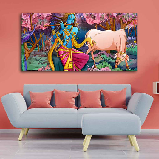 Lord Krishna Playing Flute Pink Trees in Background Canvas Wall Painting