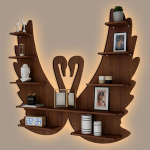 Designer Wooden Wall Shelf / Book Shelf / Night Light, Walnut Finish