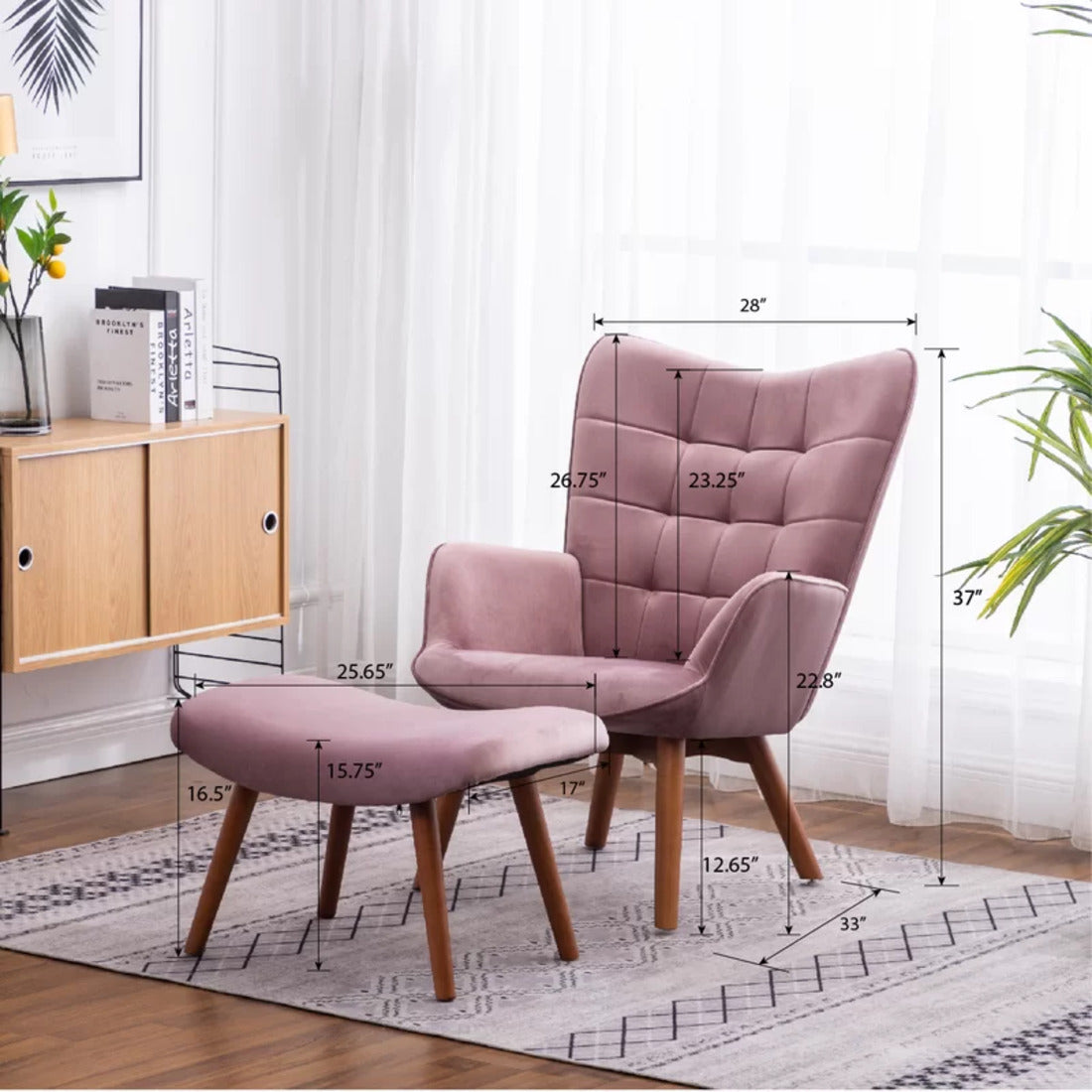 Luxurious Tufted Curvy Long Back Peach Lounge Chair with Ottoman