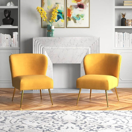 Minimalist Design Yellow Velvet Lounge Chairs Set Of 2