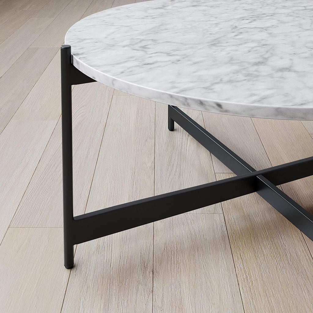 Minimalist Matte Finish Black Metal Centre Table In Criss Cross Design