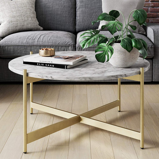 Minimalist Metal Center Table in Criss Cross Matte Finish Gold Base