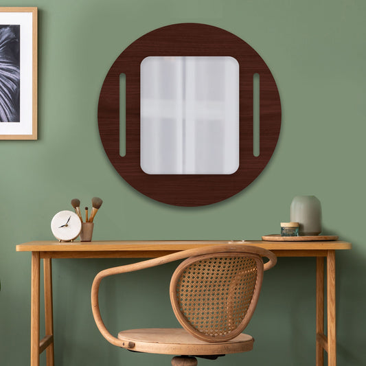 Minimalistic Brown Round Shape Wooden Wall Mirror