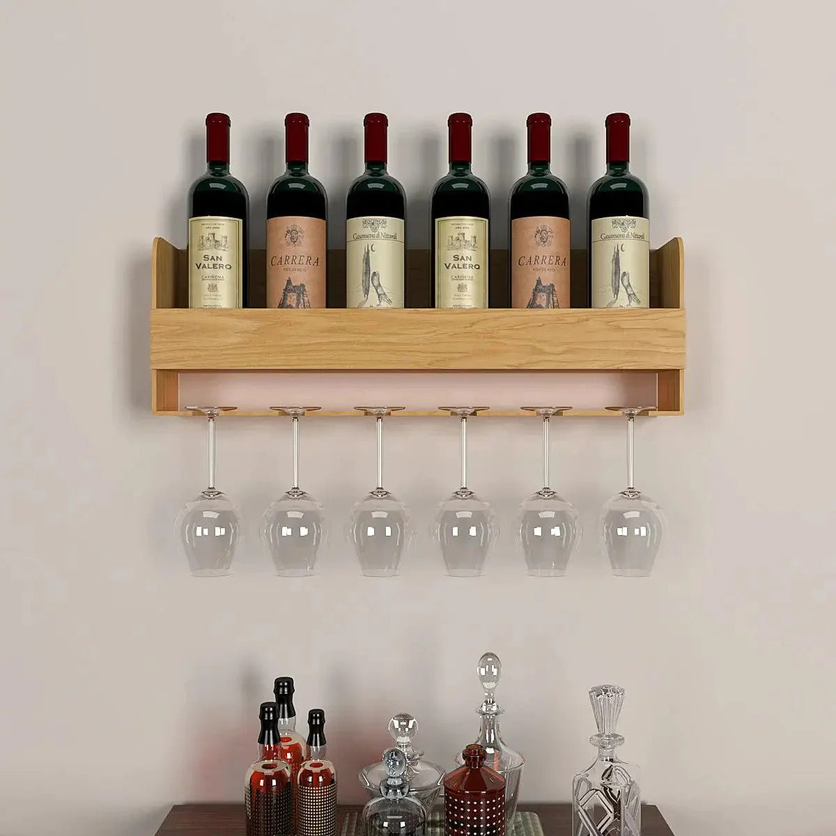 Design Backlit Wall Mounted Mini Bar Shelf in Light Oak Finish