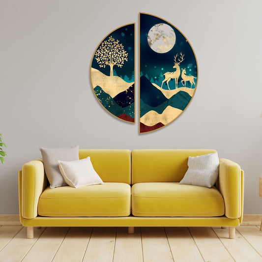 Modern Art of Mountains and Deer Semi Circle Frames Set Of 2