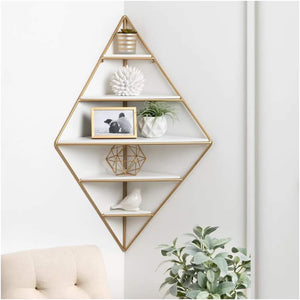 Modern Corner Diamond Shape Wooden Wall Shelf with Light Oak Finish