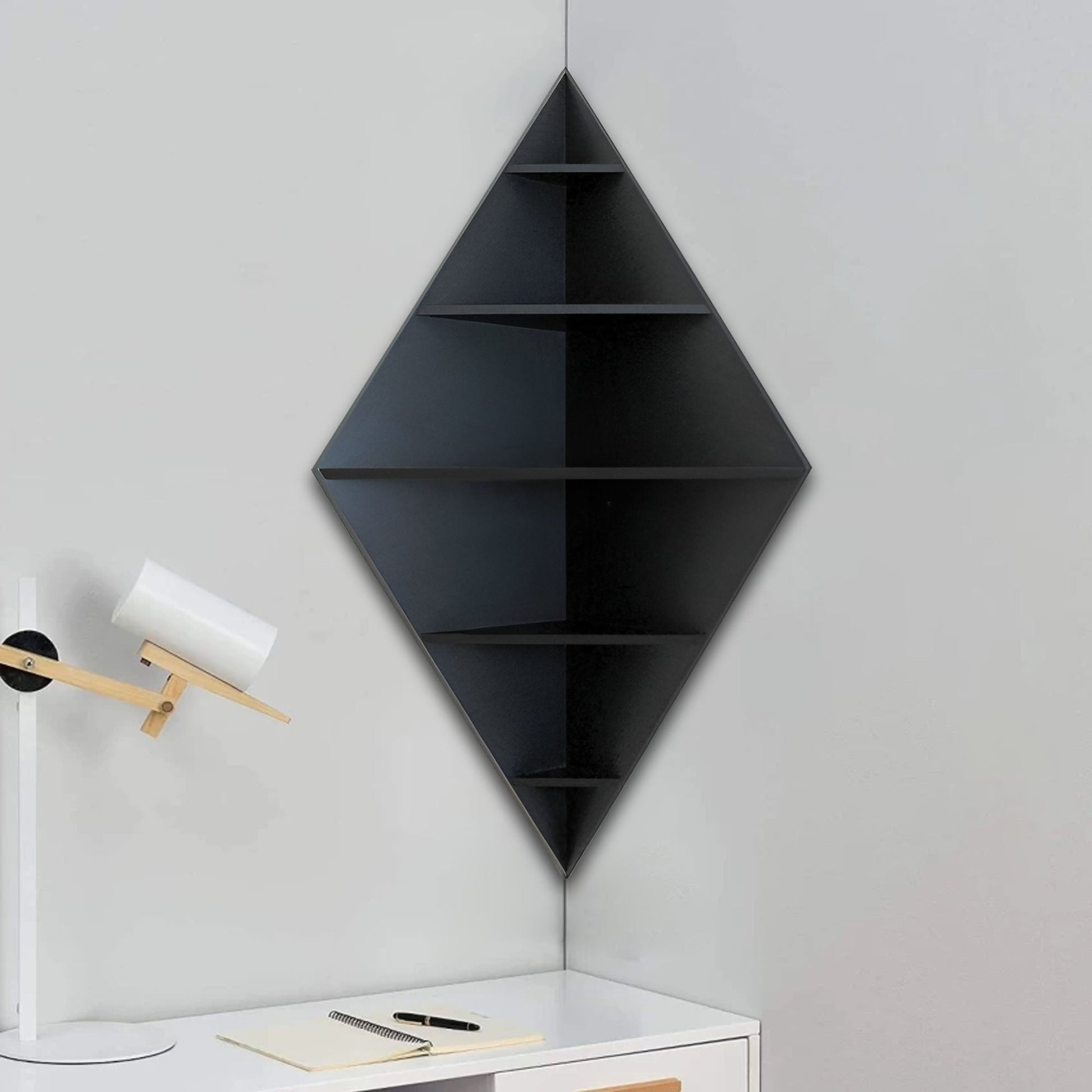 Modern Decorative Diamond Shaped Corner Shelves with Black Finish