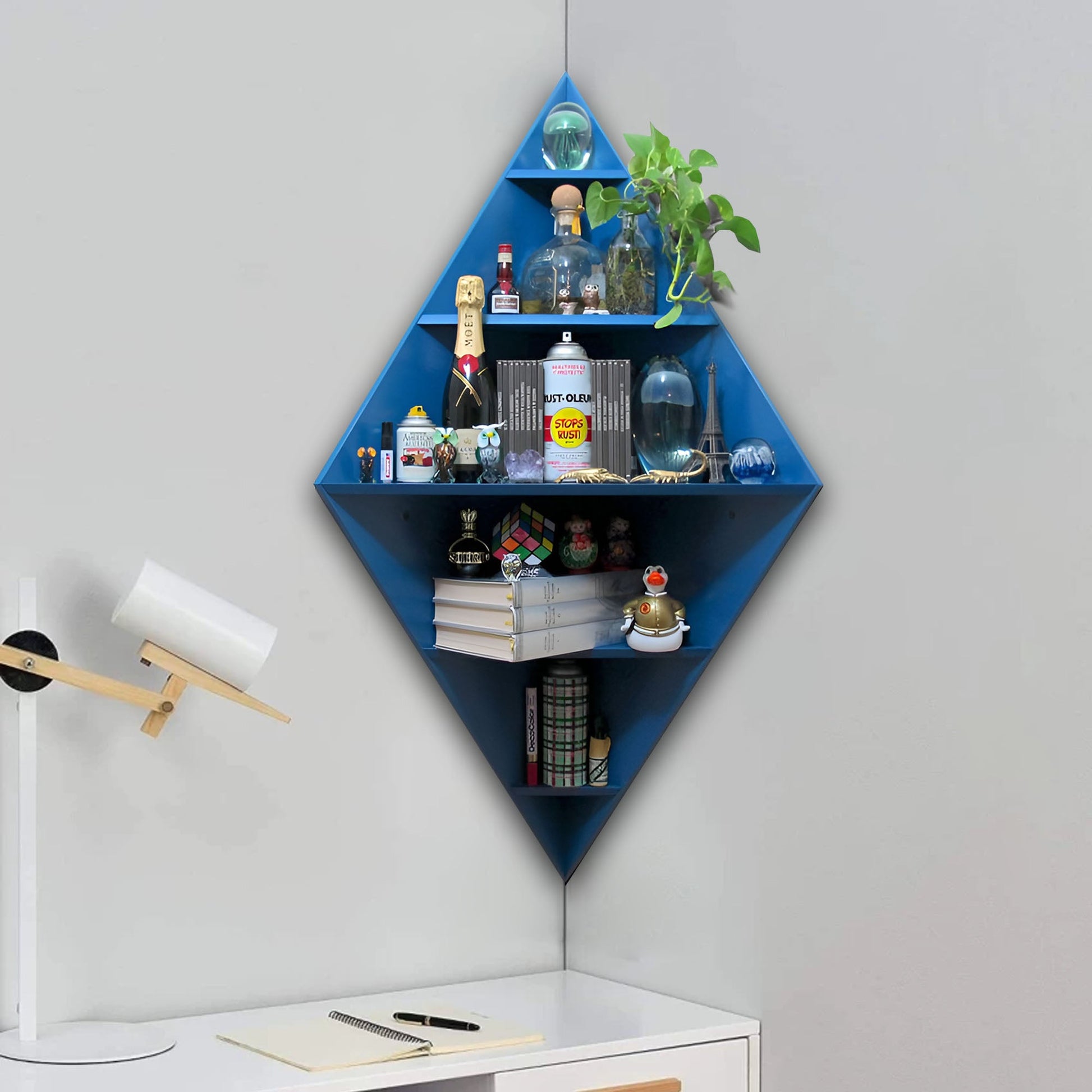 Modern Decorative Diamond Shaped Corner Shelves with Blue Finish