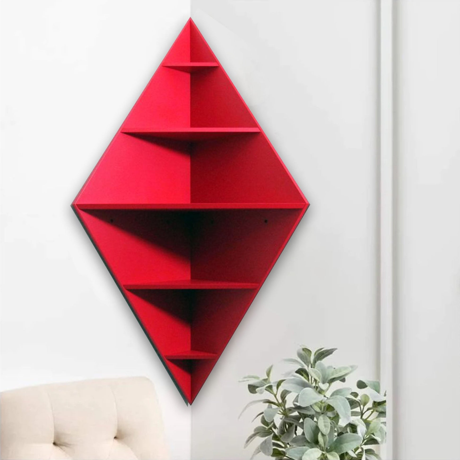 Modern Decorative Diamond Shaped Corner Shelves with Red Finish