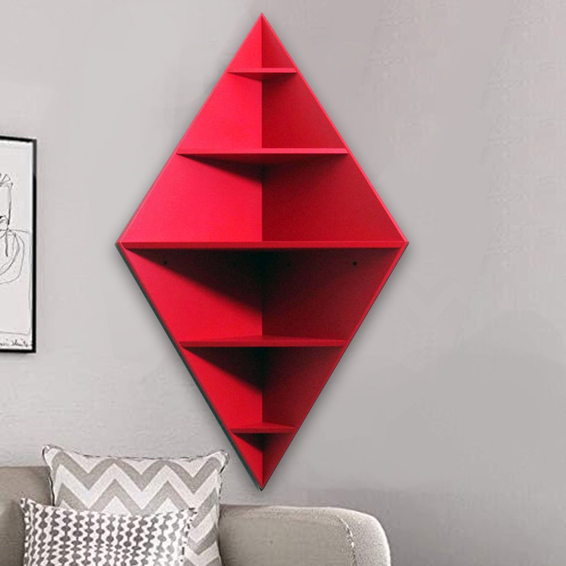 Modern Decorative Diamond Shaped Corner Shelves with Red Finish