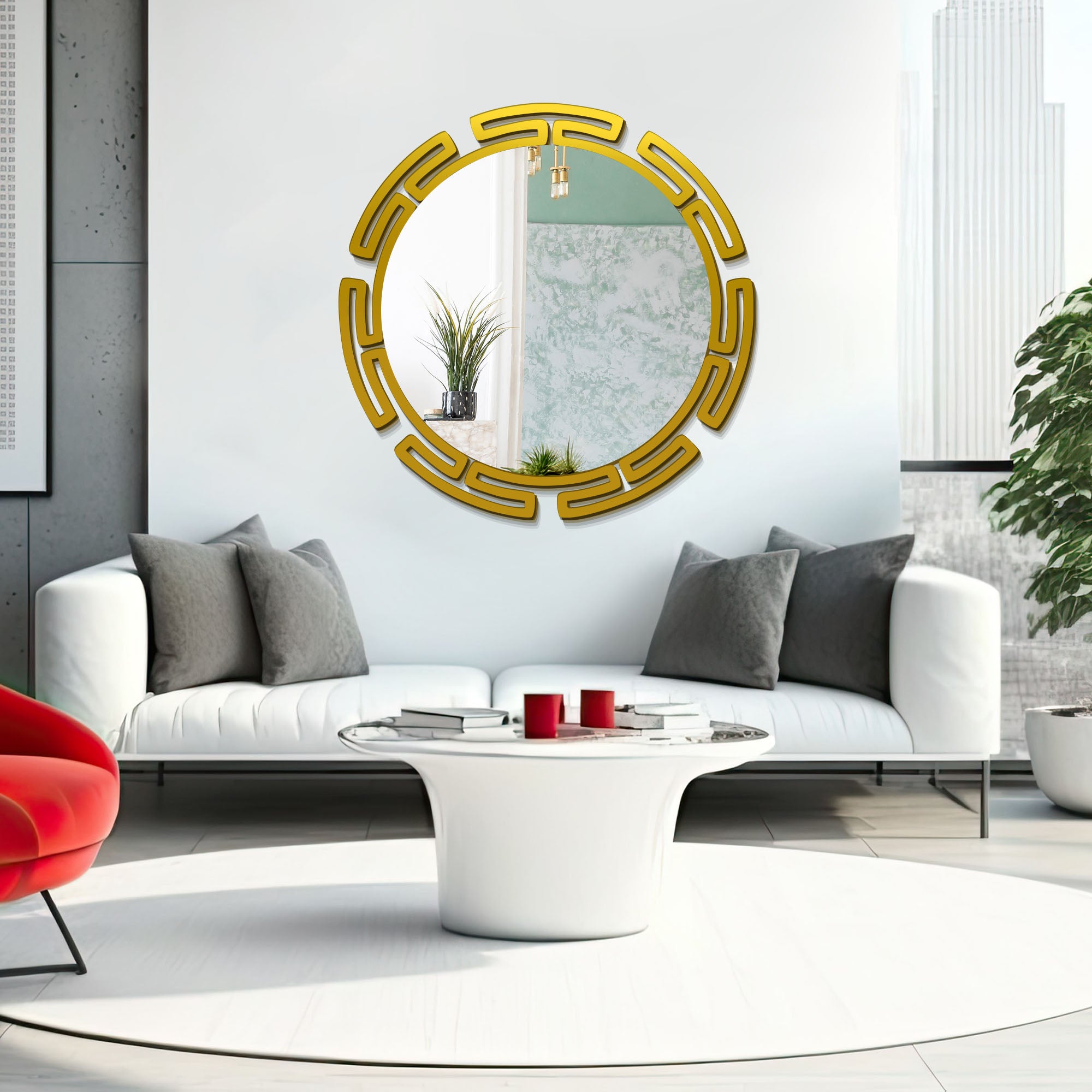 Modern Rounded Shapes Modern Round Shape Designer Wooden Wall Mirror With Gold Texture – Homcraft