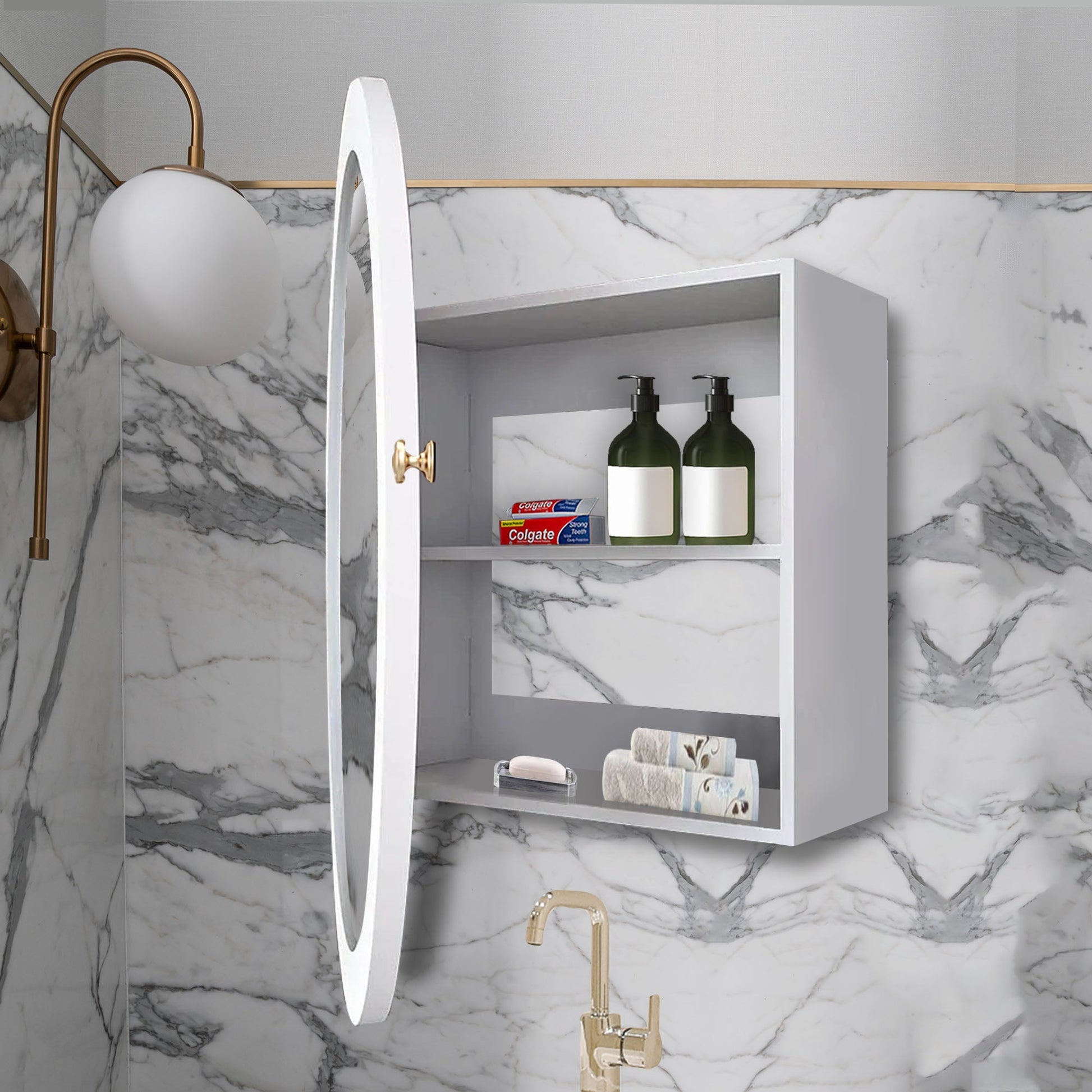 Modish Circular Wooden Bathroom Cabinet with 2 Spacious Shelves with White Finish