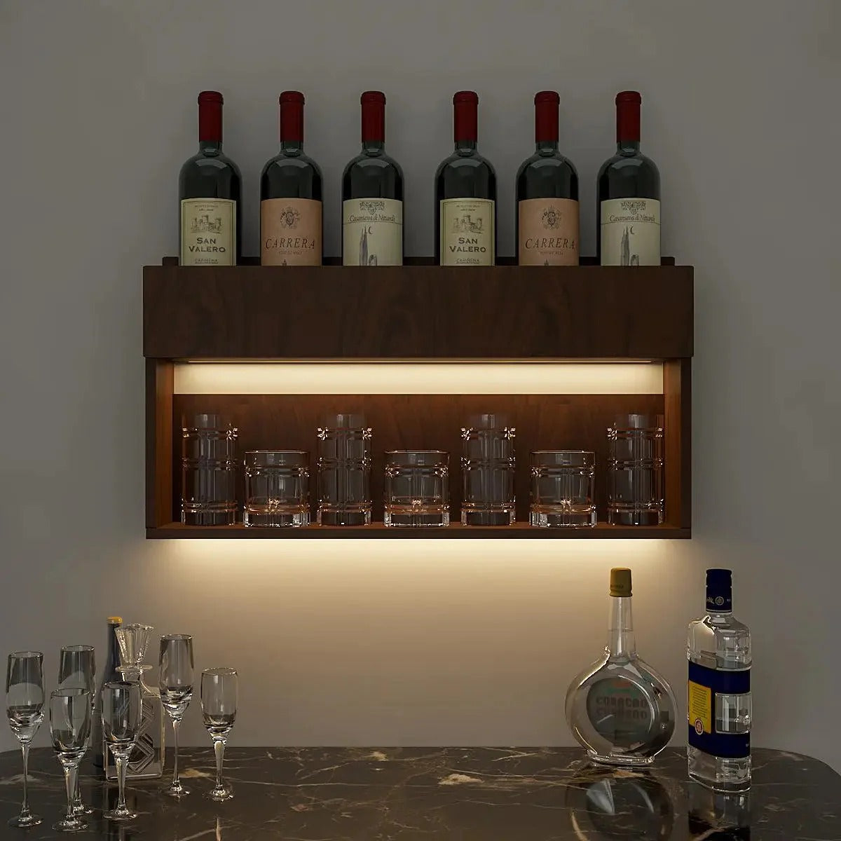 Modish Look Backlit MDF Mini Bar Shelf in Walnut Finish