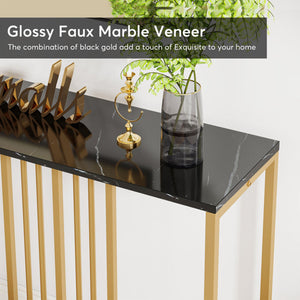 Narrow Long Faux Black Marble Gold Console Table