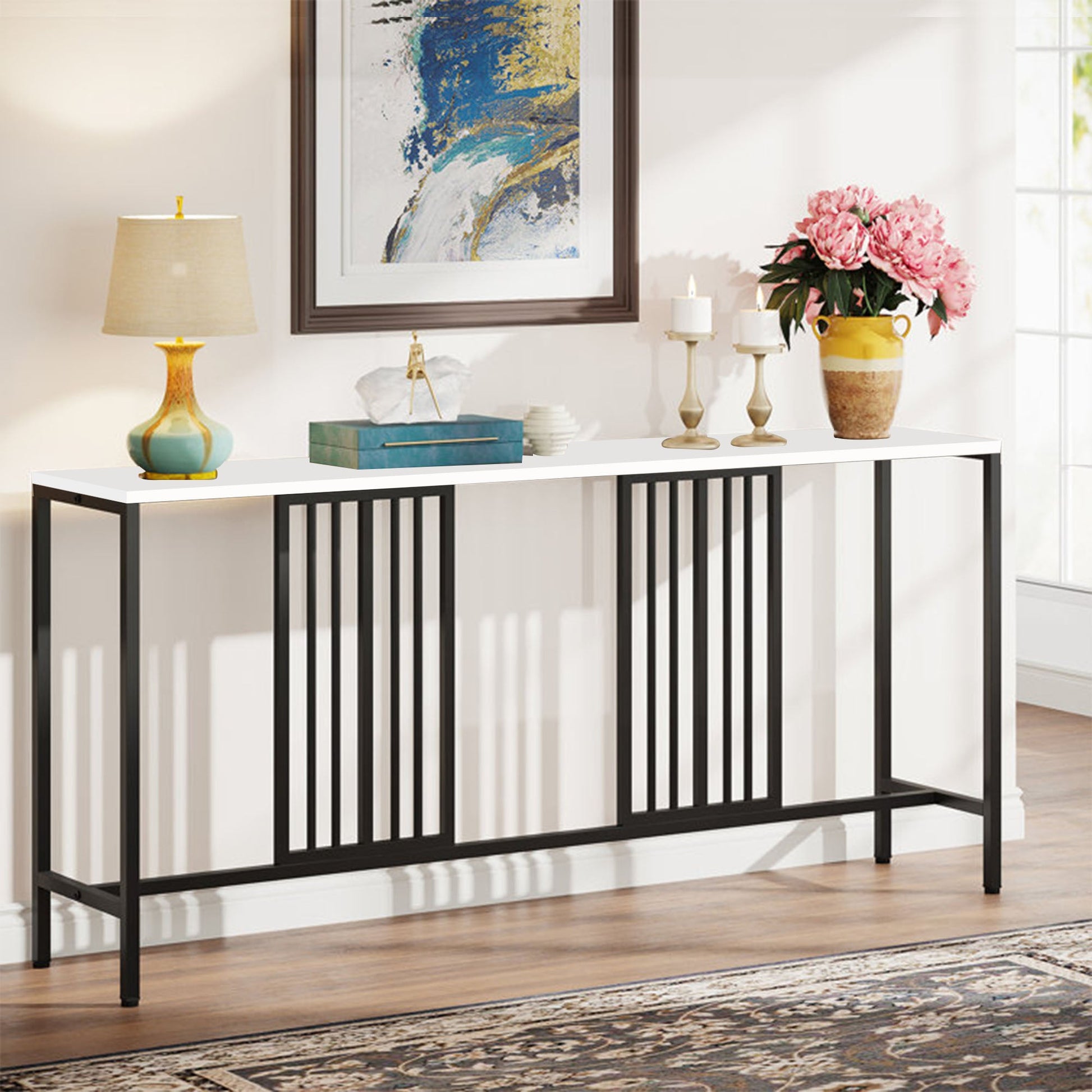 Narrow Long Faux White Marble Black Console Table