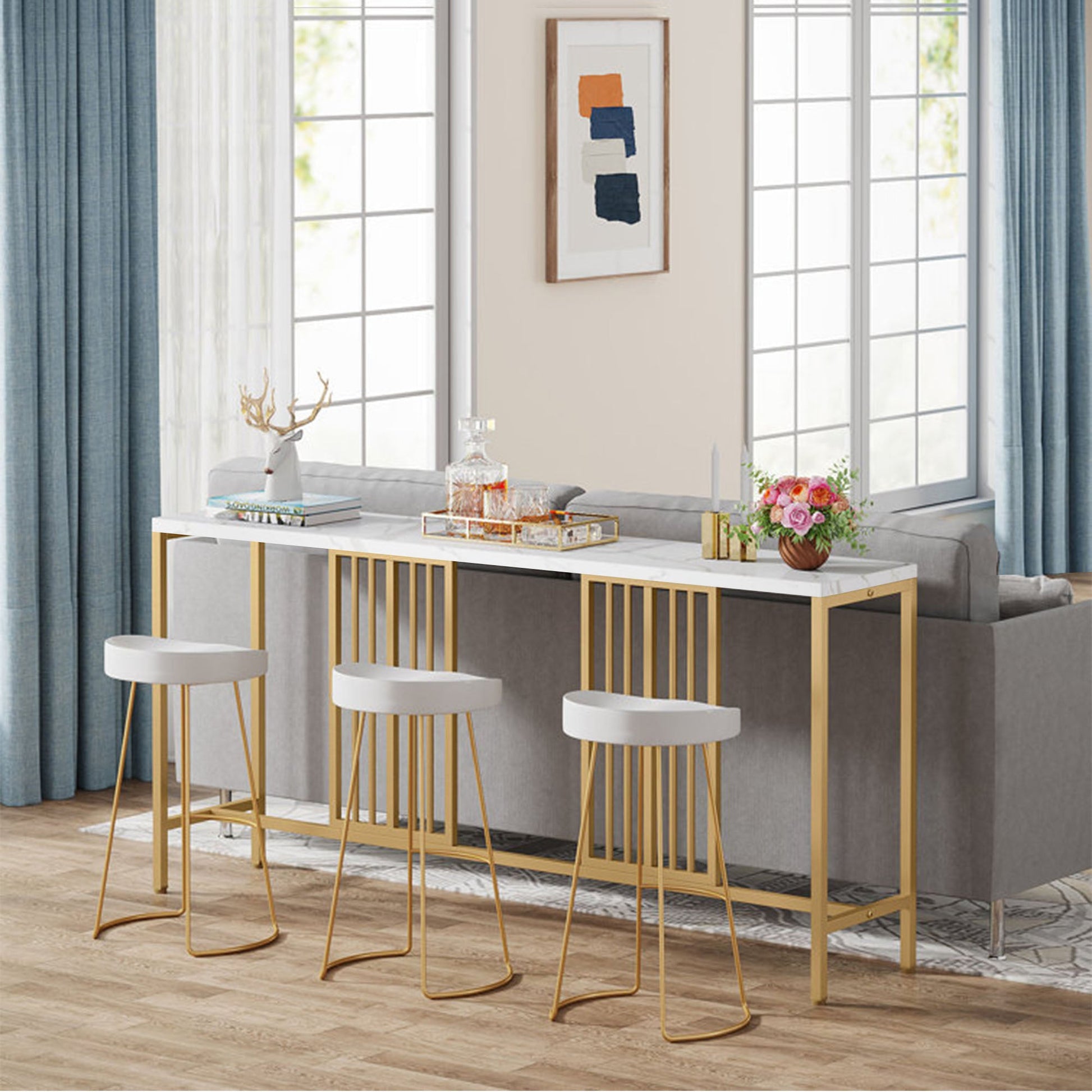 Narrow Long Faux White Marble Gold Console Table