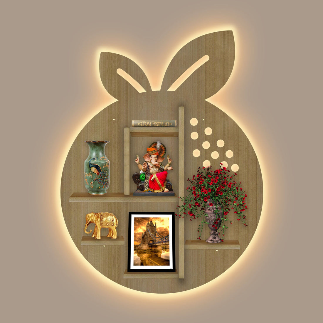 Orange Fruit Shape Wooden LED Light Wall Shelf with Oak Finish