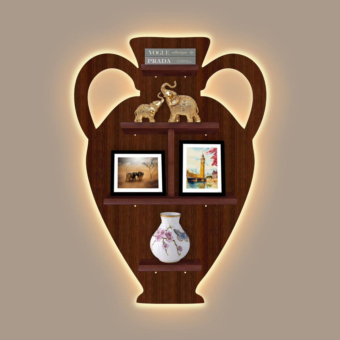 Pitcher Shape Wooden LED Light Wall Shelf with Walnut Finish