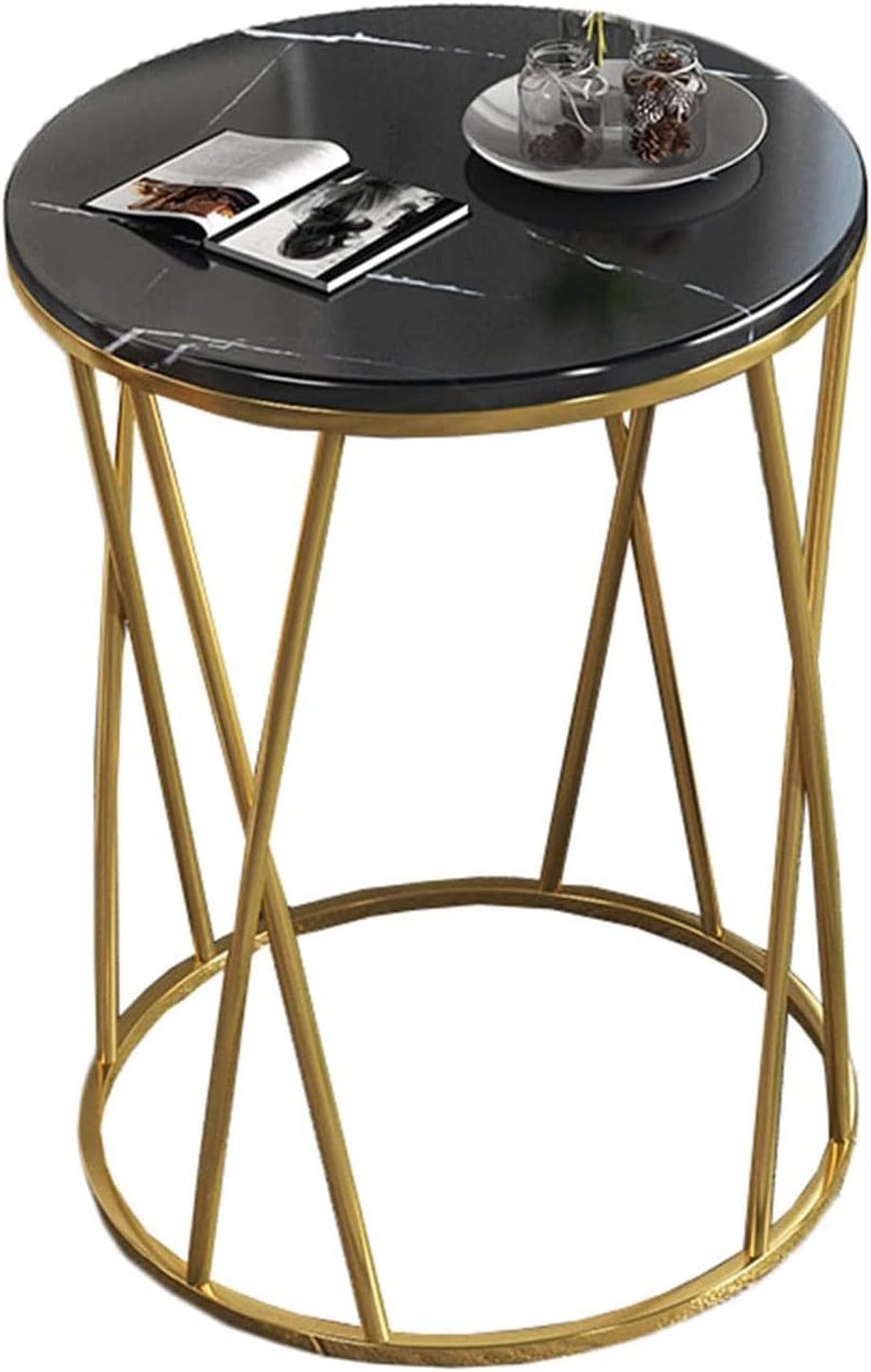 Premium Designer Round Shaped Golden Artistic Side Table with Black Marble