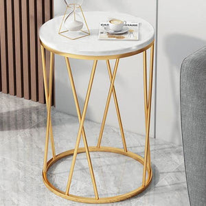 Premium Designer Round Shaped Golden Artistic Side Table with White Marble