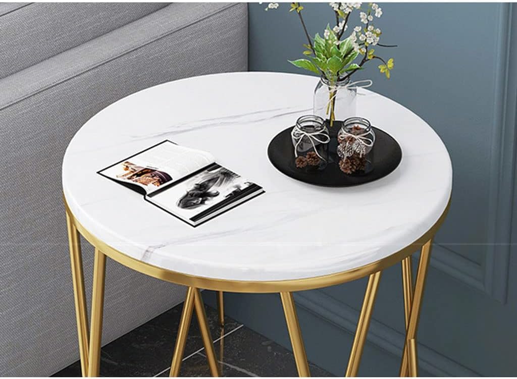 Premium Designer Round Shaped Golden Artistic Side Table with White Marble