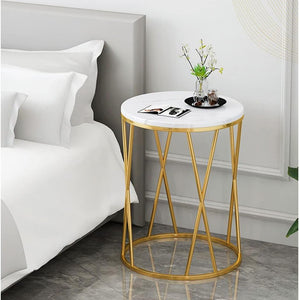 Premium Designer Round Shaped Golden Artistic Side Table with White Marble