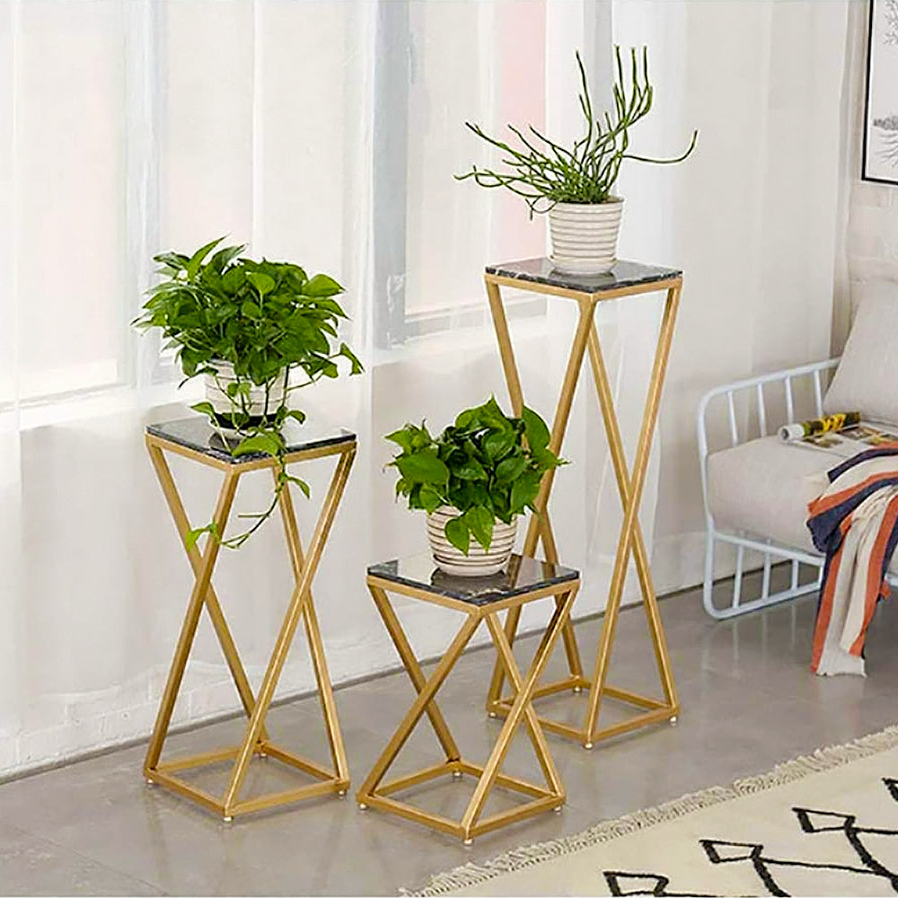 Premium Metal Planter Stand With Black Marble At Top (Set of 3)