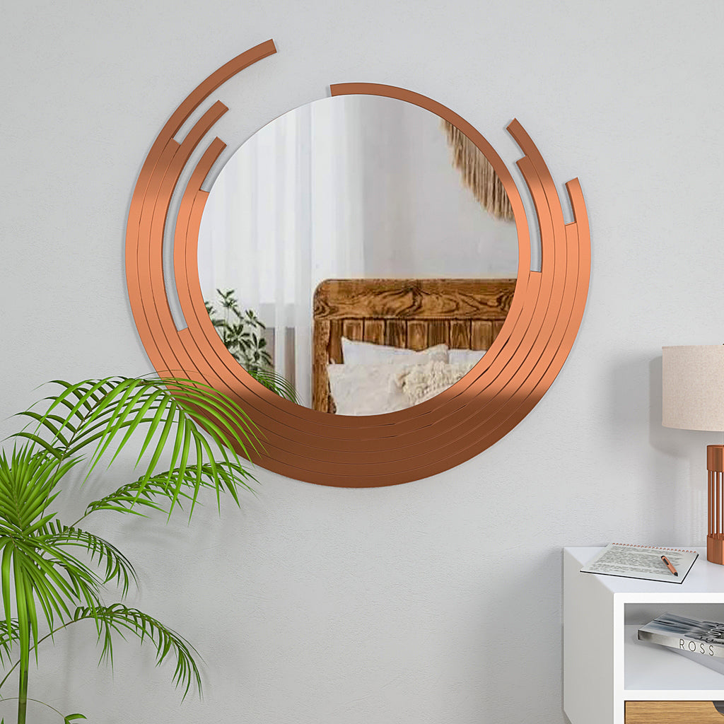 Premium Quality Asymmetric Designer Copper Finish Round Wall Mirror