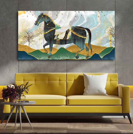 Wall Painting of Horse and Golden trees with Colored Mountains
