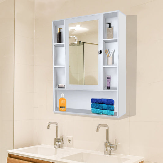 Premium Wooden White Bathroom Cabinet with Mirror & 9 Spacious Shelves