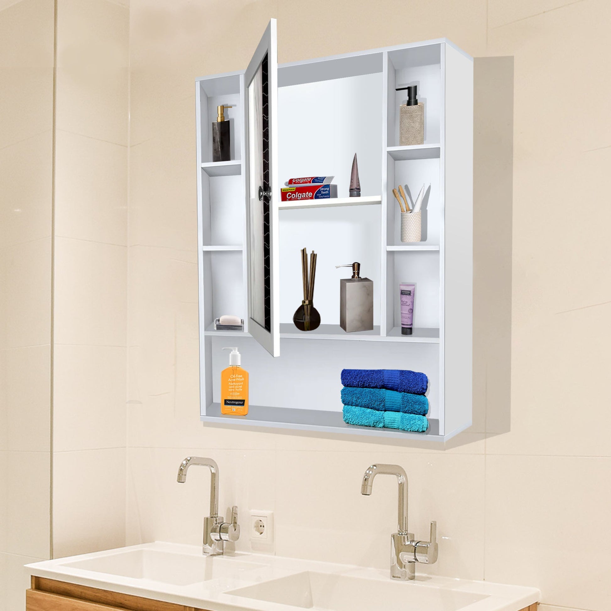 Premium Wooden White Bathroom Cabinet with Mirror & 9 Spacious Shelves