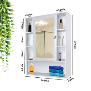 Premium Wooden White Bathroom Cabinet with Mirror & 9 Spacious Shelves