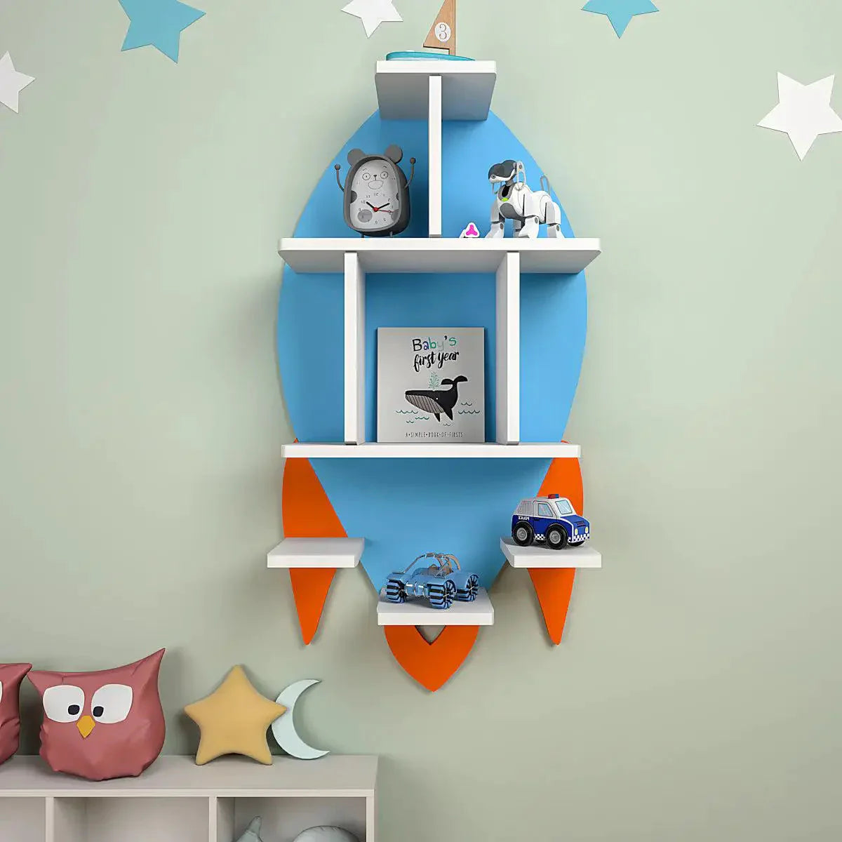 Rocket Shape Wooden Wall Storage Shelf for Kids