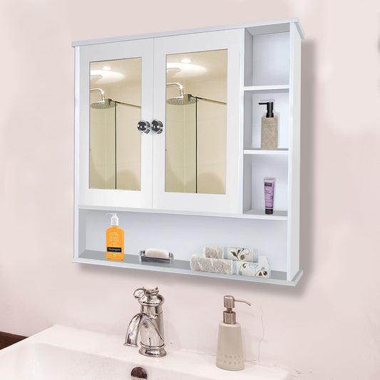 Space Saving Bathroom Mirror Cabinet with 6 Spacious Shelves with Wooden White Finish