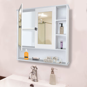 Space Saving Bathroom Mirror Cabinet with 6 Spacious Shelves with Wooden White Finish