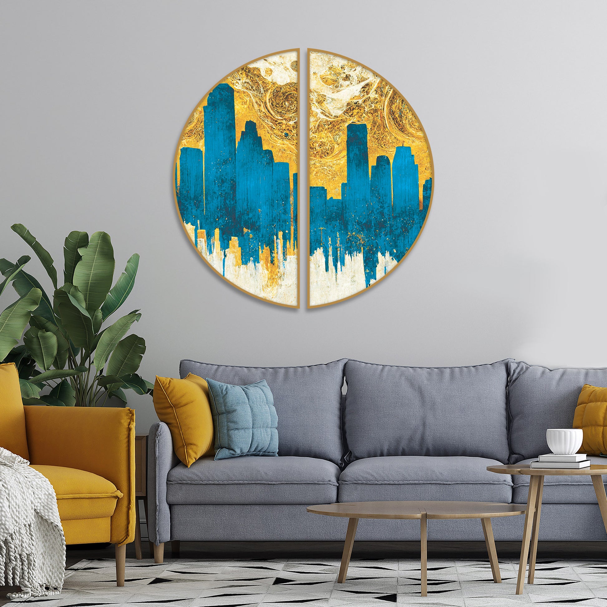 Spectacular Teal and Golden Abstract Cityscape Semi Circle Frames Set Of 2