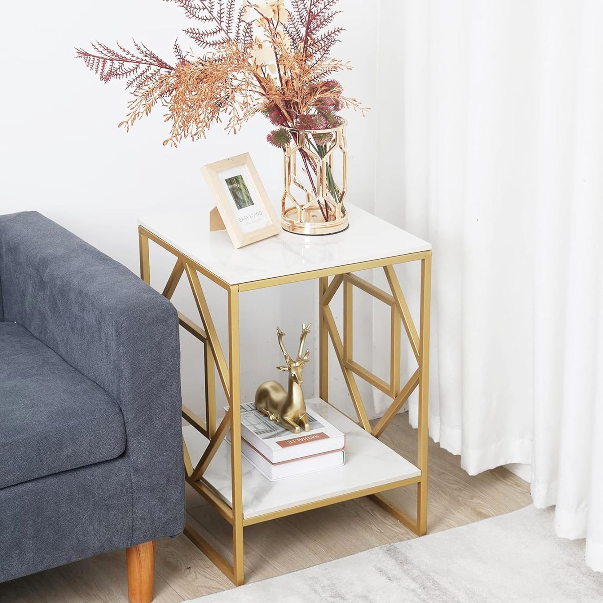 Square Geometric Rhombus Frame End  Side Table with Golden Metal Finish