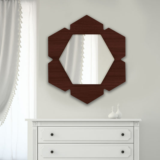 Stylish Brown Hexagon Shape Wooden Wall Mirror