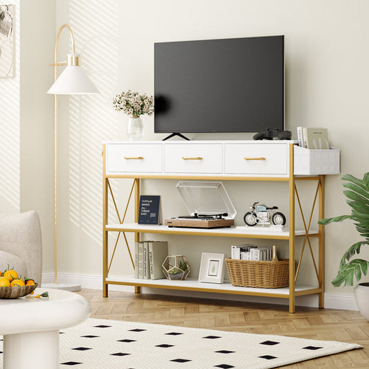 Three Drawer White Gold Engineered Wood Console Table