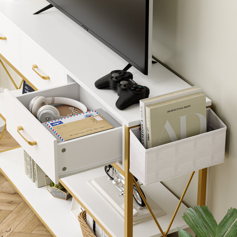 Three Drawer White Gold Engineered Wood Console Table