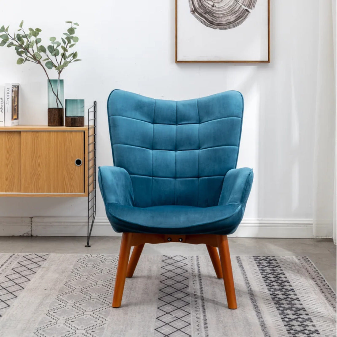 Tufted Curvy Long Back Sea Green Armchair with Ottoman