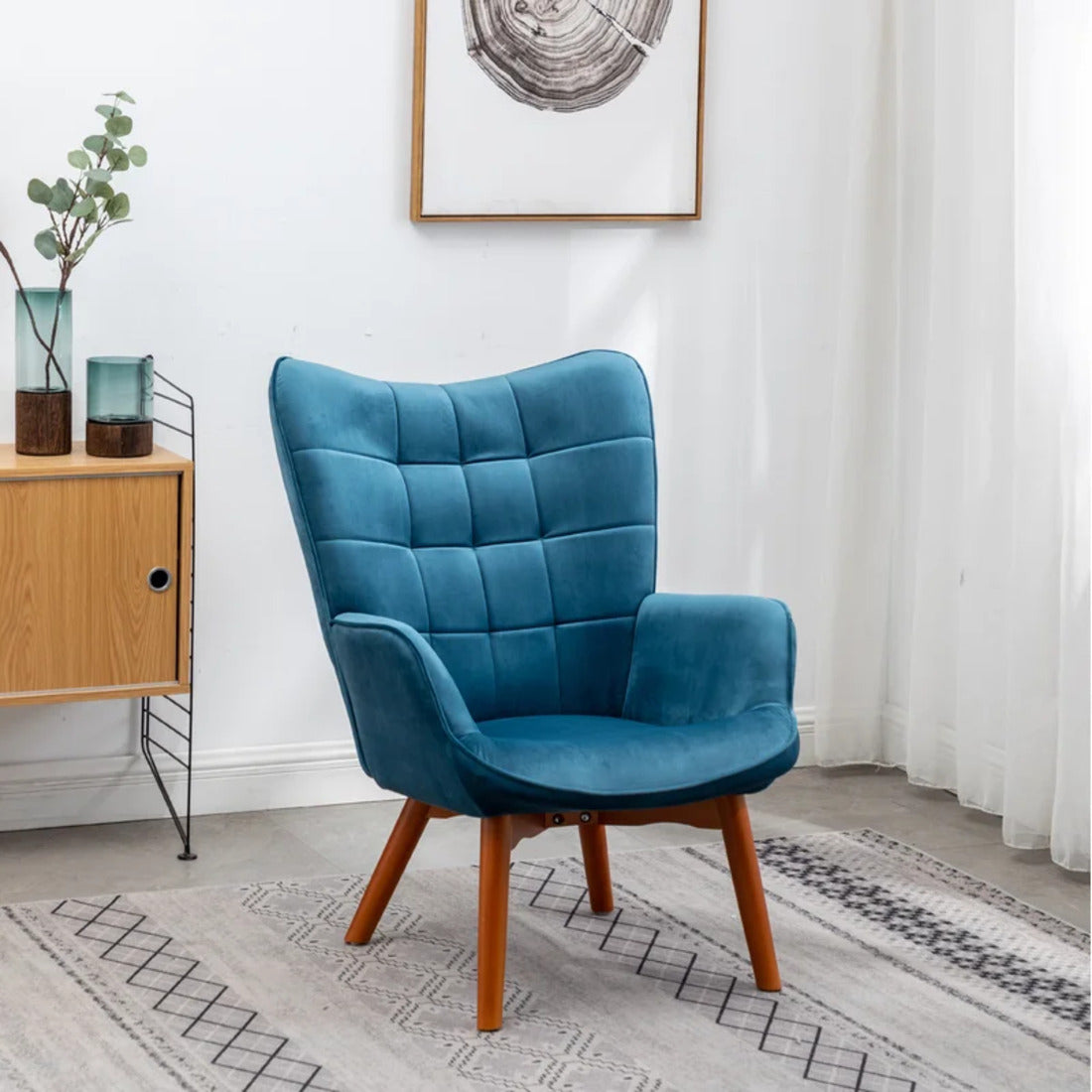 Tufted Curvy Long Back Sea Green Armchair with Ottoman