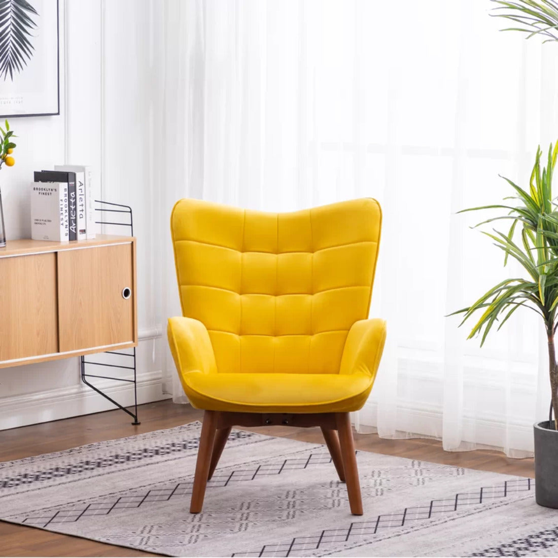 Tufted Curvy Long Back Yellow Color Lounge Chair with Ottoman