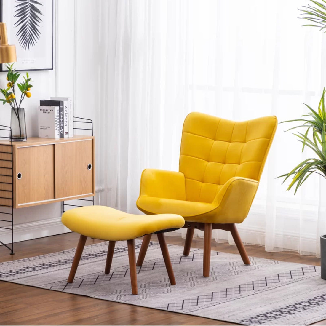 Tufted Curvy Long Back Yellow Color Lounge Chair with Ottoman