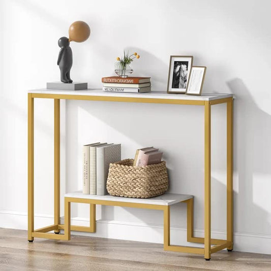 Two-Tier White Marble Gold Console Table