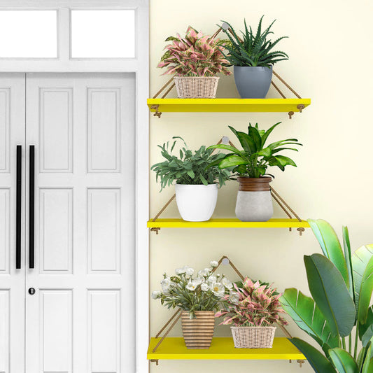 Wooden Wall Hanging Planter Shelf with Rope (Yellow, Set of 3)