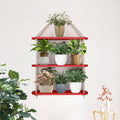 Wooden Wall Hanging Planter Shelf with Rope Three Layer (Red Color)