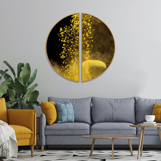 Yellow Cloud Texture Art in Dark Background Semi Circle Frames Set Of 2